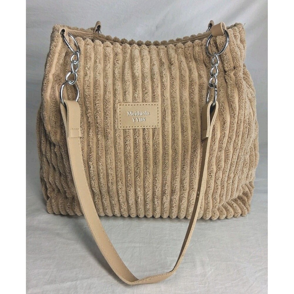Meiduola Womens Tan Thick Whale Corduroy Shoulder Tote Bag Zip Purse Boho